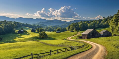Obraz premium A serene rural landscape with rolling hills, barns, and a winding dirt road under a blue sky.