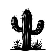 An illustration featuring a black cactus silhouette set against a clean white background depicting a detailed cactus with arms and spines, symbolizing resilience and the desert.