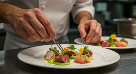 A chef meticulously plating a dish with tweezers in a professional kitchen setting for a fine dining meal