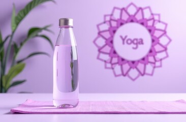 A clear water bottle sits on a yoga mat. close-up.  the background is blurred, there is a mandala on the wall and the inscription "yoga". light purple shades