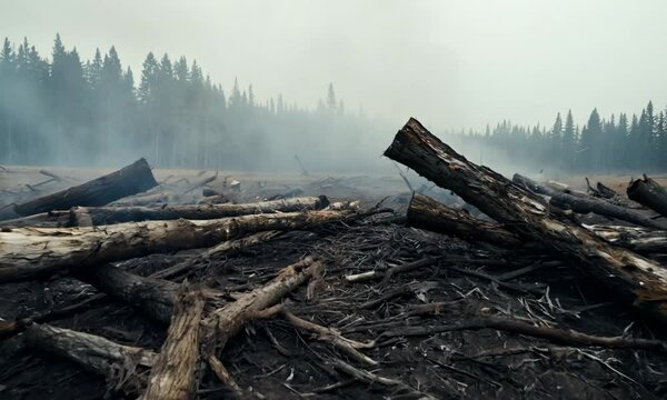 logs and trunks after the forest fire