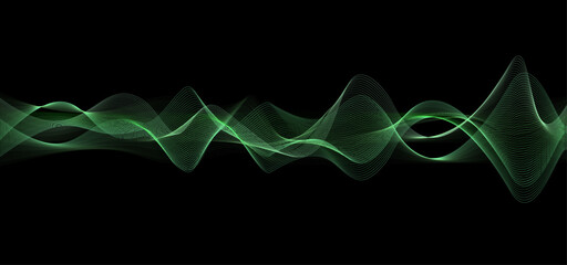 Green glowing background. Abstract Liquid waves banner. Neon Smoke illustration. Curve lines backdrop. Motion element vector. Flow sound design. Laser 3d header © JuliGross