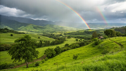 Fototapeta premium rainbow, double, landscape, hills, valley, green, scenic, countryside, sky, clouds, vibrant, nature, peaceful, lush, rolling, beauty, view, breathtaking, rural, storm, mist, horizon, weather, colorful