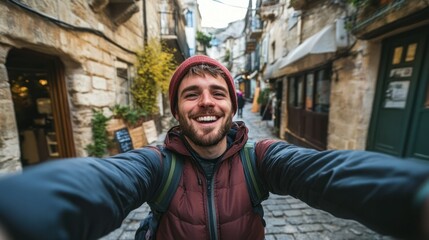 Obraz premium Smiling man takes a selfie in a cobblestone European street with old buildings.