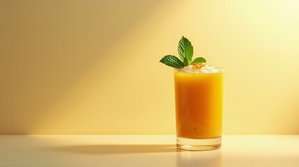 A Glass of Mango Lassi with Mint Leaf.