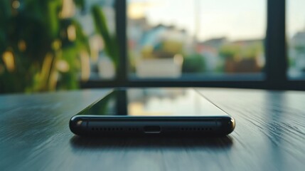 Close up view of a black smartphone sitting on a wooden surface indoors.