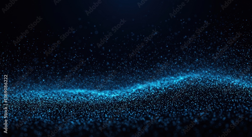 Poster a dark blue abstract background with a wavy pattern of light and small dots scattered throughout the
