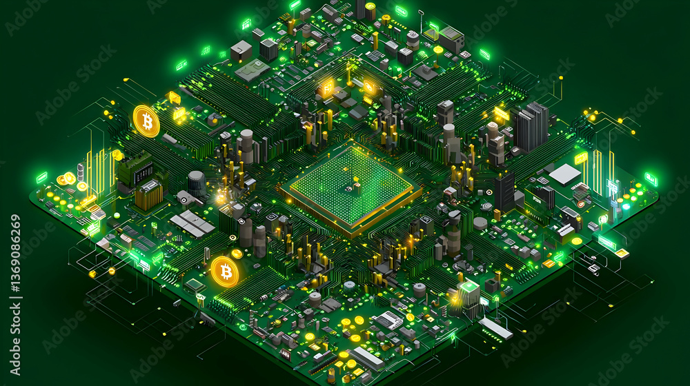 Poster complex circuit board design with glowing components