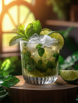 Drink vibrante de matcha mojito com hortel&atilde;, rodela de lim&atilde;o e gelo, servido em ambiente tropical e acolhedor