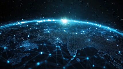 Abstract representation of a digital globe with glowing connections, showcasing a network of interconnected nodes in a vibrant blue hue against a starry night background.