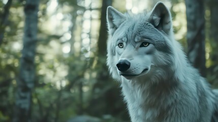 Naklejka premium Close up portrait of wolf in forest. Wild animal with neutral expression. Gray, white fur. Black nose, yellow eyes. Green forest background. Predator mammal. Wildlife photo. Nature scene. Canine