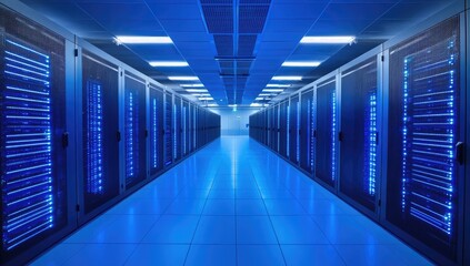 Modern server room interior, illuminated by blue light