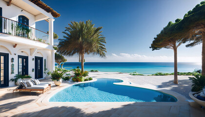 Fototapeta premium A stunning coastal villa features elegant Mediterranean architecture, a infinity pool, lush palm trees, luxurious outdoor seating, and breathtaking panoramic views of the ocean under a vibrant blue sk