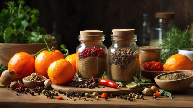 A dark, textured surface features a variety of fresh ingredients arranged artfully.