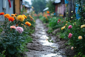 Colorful flower path in a residential area. Lush blooms of various colors line a dirt path, creating a vibrant and charming scene