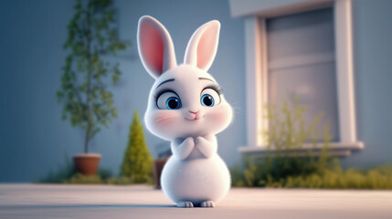 Coelhinho branco curioso ao ar livre com plantas ao fundo