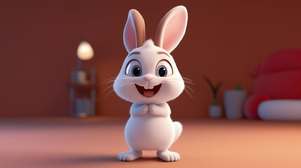 Coelhinho com laço em ambiente aconchegante com sofá e plantas