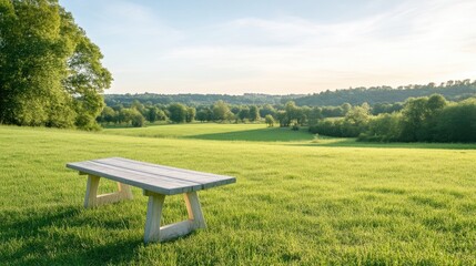 Naklejka premium Tranquil park bench in a sunlit meadow. Expansive landscape