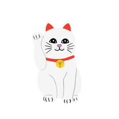 The illustration of a lucky cat or Maneki-neko, raising paw and sitting with a smile