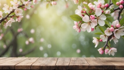 Rustic wood board mockup surface with apple blossoms on branches and blurred bokeh background