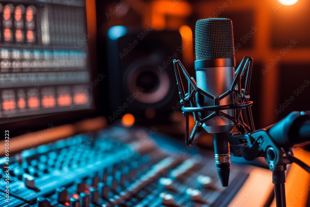 Poster close up of a professional audio recording studio with microphone and computer, space for text