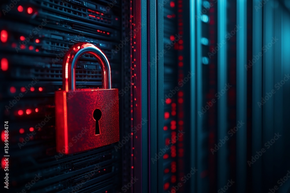 Aufkleber red padlock on server rack in data center, highlighting digital cybersecurity concepts and threats
