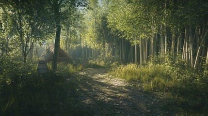 Obraz premium Sunlit path through a lush forest with bamboo and a small hut on the side.