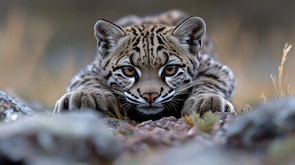 Fototapeta premium Wild cat crouched low, focused gaze