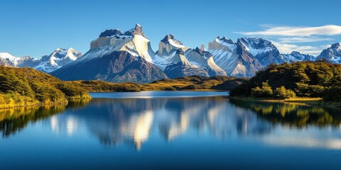 Naklejka premium A serene lake reflects majestic mountains under a clear blue sky.