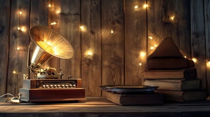 A vintage gramophone with books and lights creates a nostalgic scene.