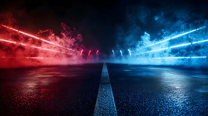 Neon Lights On Wet Road At Night