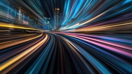 Abstract city lights blurred in motion conveying speed and urban transport.