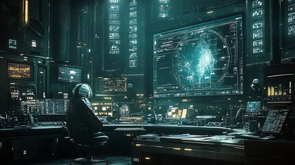Futuristic City Night Scene: Lone Figure Analyzing Complex Data on Large Screen