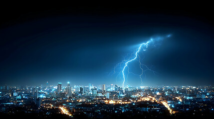 Cityscape At Night With Lightning Storm