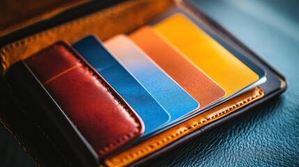 A leather wallet with colorful credit cards, close up on a blue textured surface.