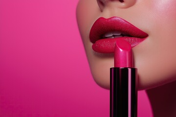 Woman applying bright pink lipstick on lips with matching pink background