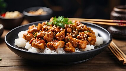 A close-up view of a black rectangular plate filled with crispy,