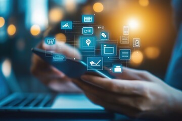 A person uses a smartphone with digital banking icons floating in a futuristic financial interface