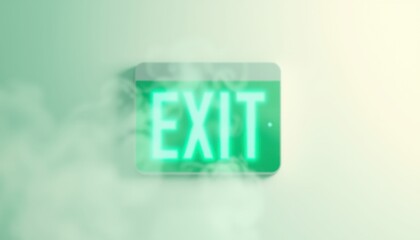 Glowing green EXIT sign surrounded by heavy smoke in emergency evacuation setting