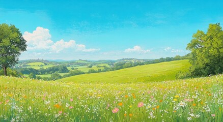 Obraz premium Beautiful rolling green hills and colorful flowers under blue sky