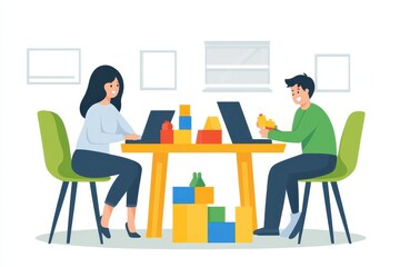 Family working and playing together in a cozy modern living space during the day while a child enjoys building with colorful blocks