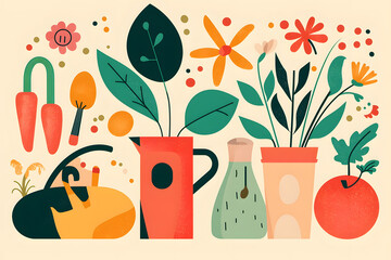 Colorful flat vector illustration of organic gardening icons, minimalist composting tools