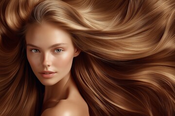 Obraz premium A young woman with long, voluminous, silky golden-brown hair poses gracefully with a glowing complexion