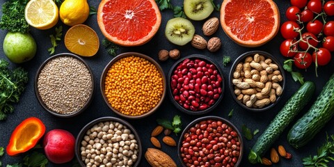 Top view, Healthy vegetarian food concept. Vegan protein sources, Variety of fresh vegetables, grains and green herbs on the table