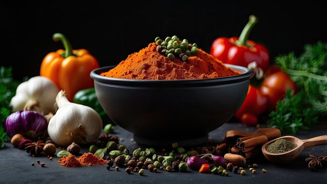 A dark, textured surface features a variety of fresh ingredients arranged artfully.