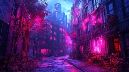 Deserted City Street at Night with Pink Neon Lights and Overgrown Plants