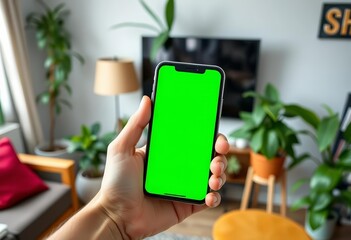 Close-up of hand holding smartphone with green screen, living room plants background,  minimal,  foliage