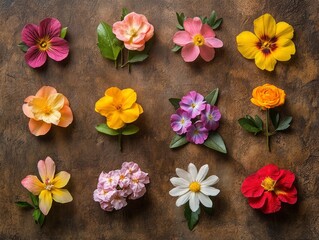 Fototapeta premium beautiful flowers, Perfect collection of colorful flowers, Top view flower arrangement on brown wooden table, perfect for creative content, design and background