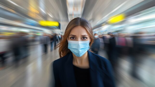 A woman wearing a face mask in a blurred busy environment; protecting herself.