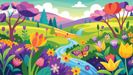 Fototapeta premium Vibrant Spring Landscape with Colorful Flowers and Stream Serene Nature Scene